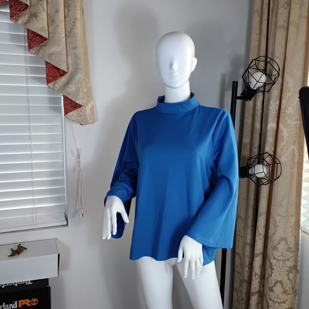 Ann Taylor Womens Blue Mock Neck Blouse Long Sleeve Wide Cuff Pullover L
